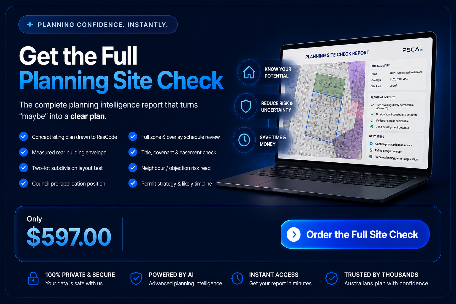 Get the Full Planning Site Check — $597. The complete planning intelligence report: concept siting plan, rear building envelope, two-lot subdivision test, ResCode compliance, council pre-application position, permit strategy and likely timeline. Order now.