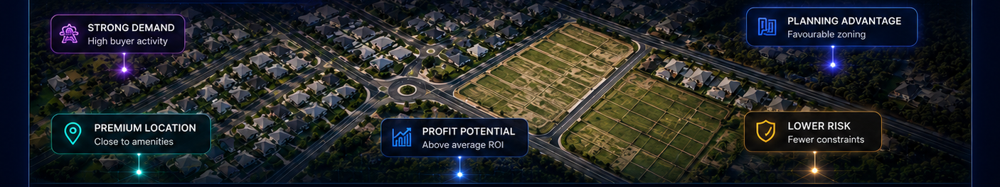 Estate aerial — Strong Demand, Planning Advantage, Premium Location, Profit Potential, Lower Risk